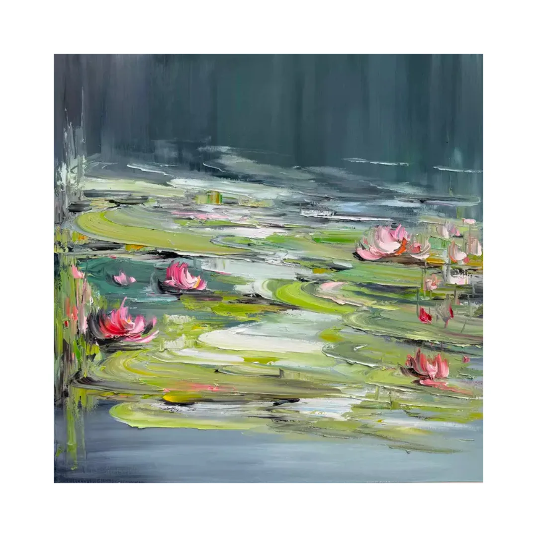 An oil painting of vibrant green lily pads and pink waterlillies floating on the surface of a pond by Liliana Gigovic