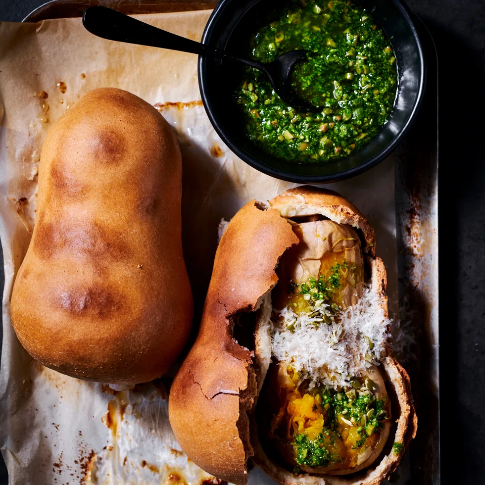 Whole salt roasted pumpkin with salsa verde