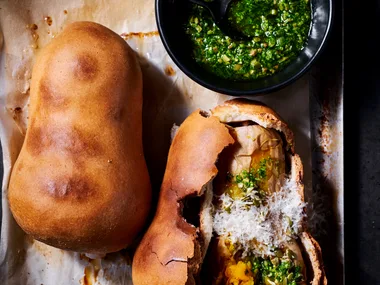 Whole salt roasted pumpkin with salsa verde