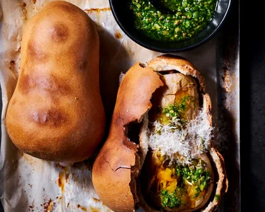 Whole salt roasted pumpkin with salsa verde