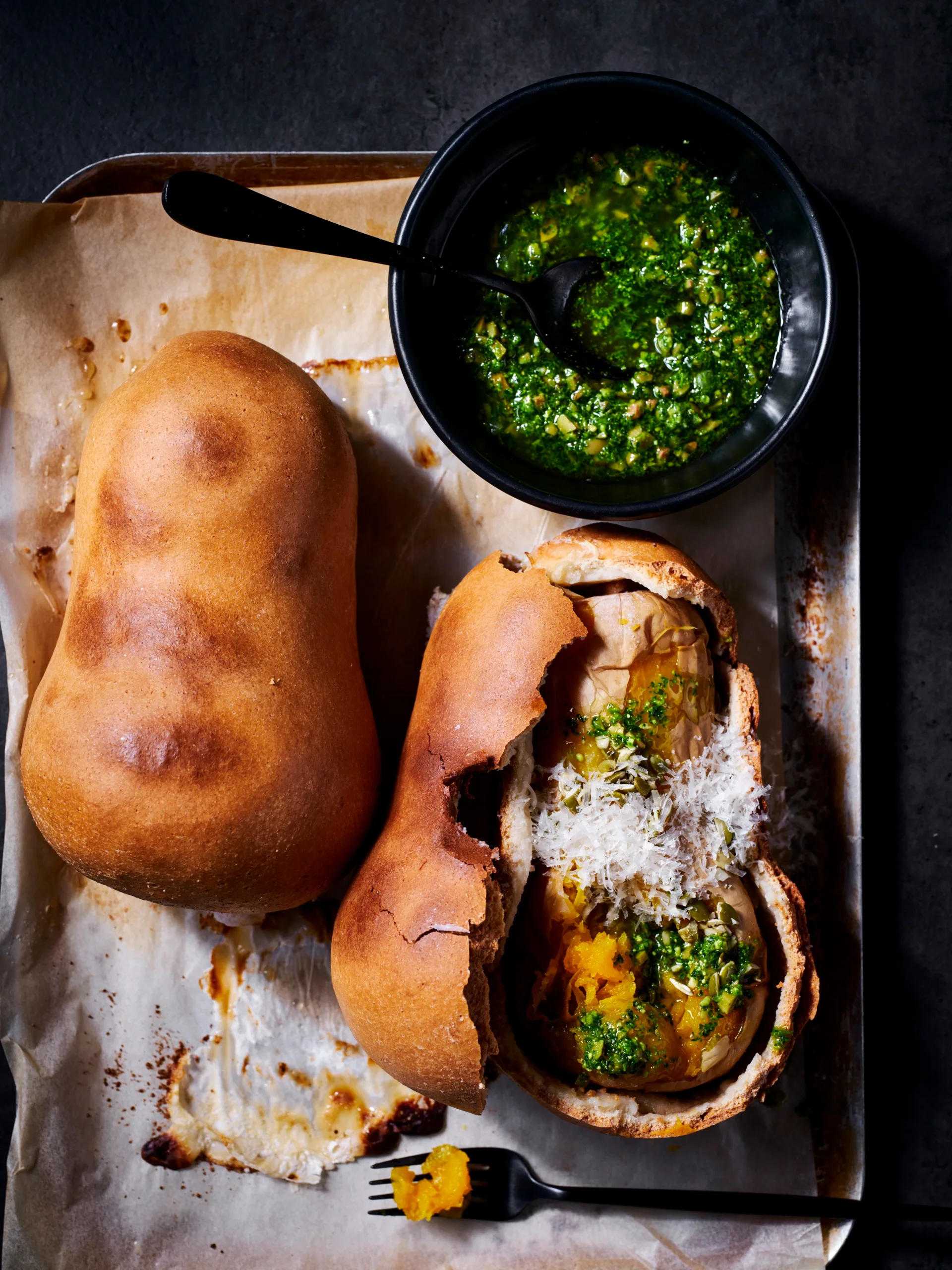 Whole salt roasted pumpkin with salsa verde