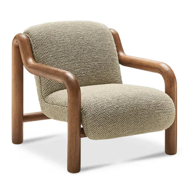 brown grey upholstered armchair with fluid sculptural timber arms