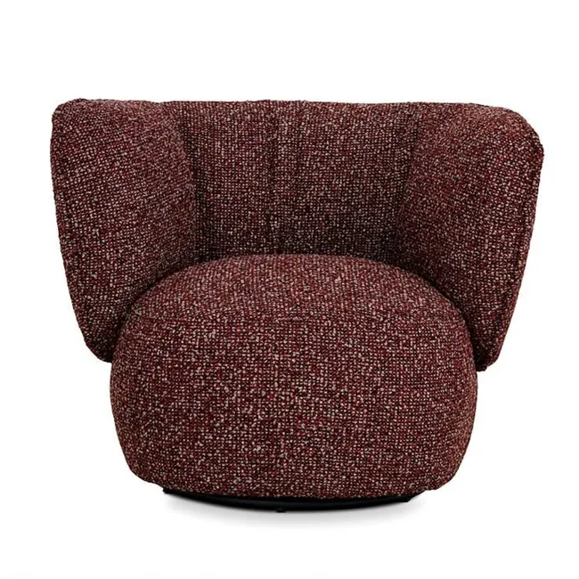 Armless burgundy upholstered armchair with curved back and round seat