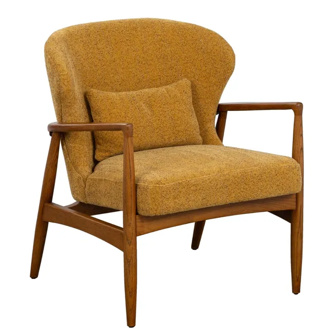 Mustard yellow fabric armchair with timber legs and arms