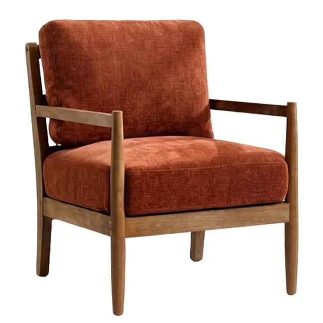 Red velvet armchair with timber legs and arms