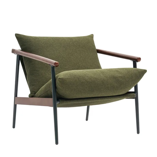 Green armchair with timber arms and metallic base
