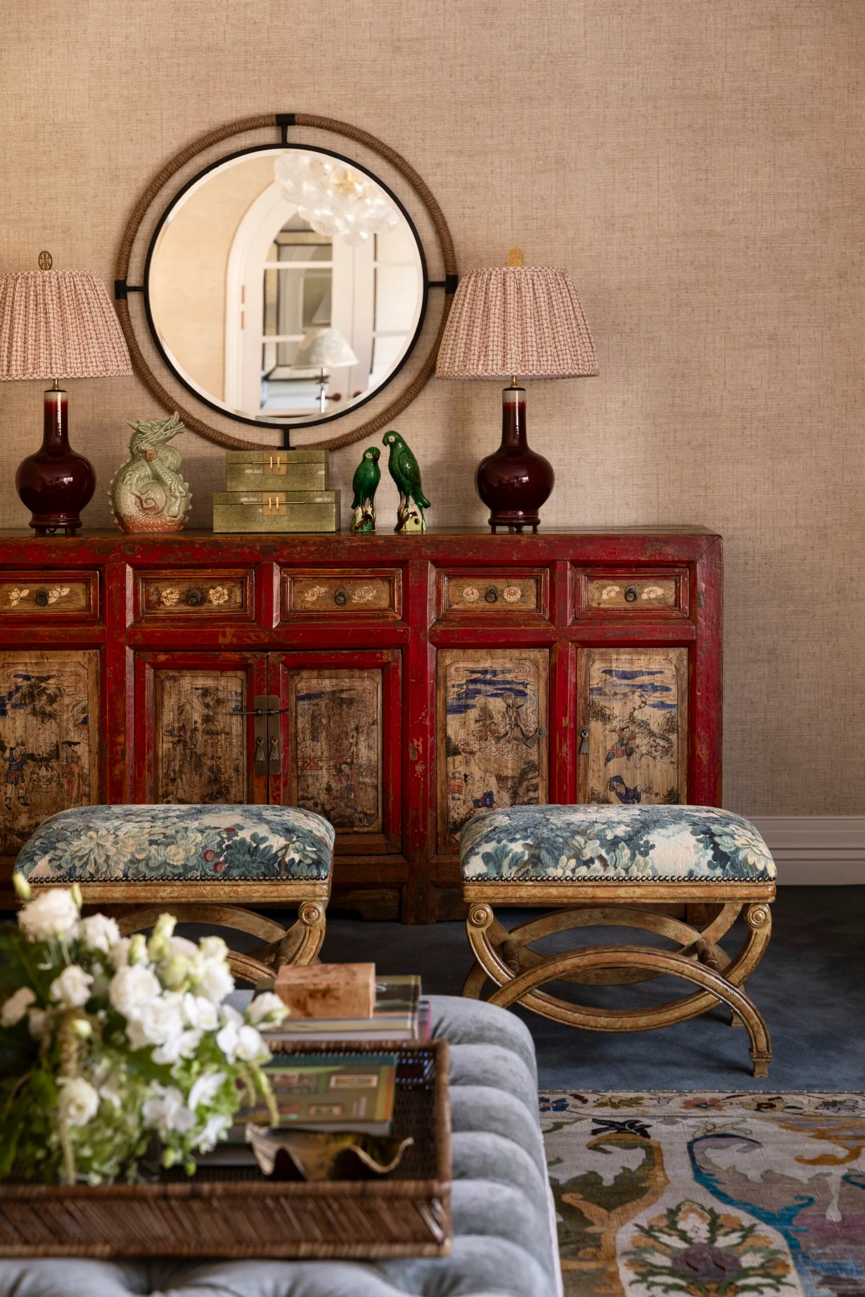 Melbourne Cape Cod-style home with a room that includes their red Chinese dresser and lamps by Melissa Balzan