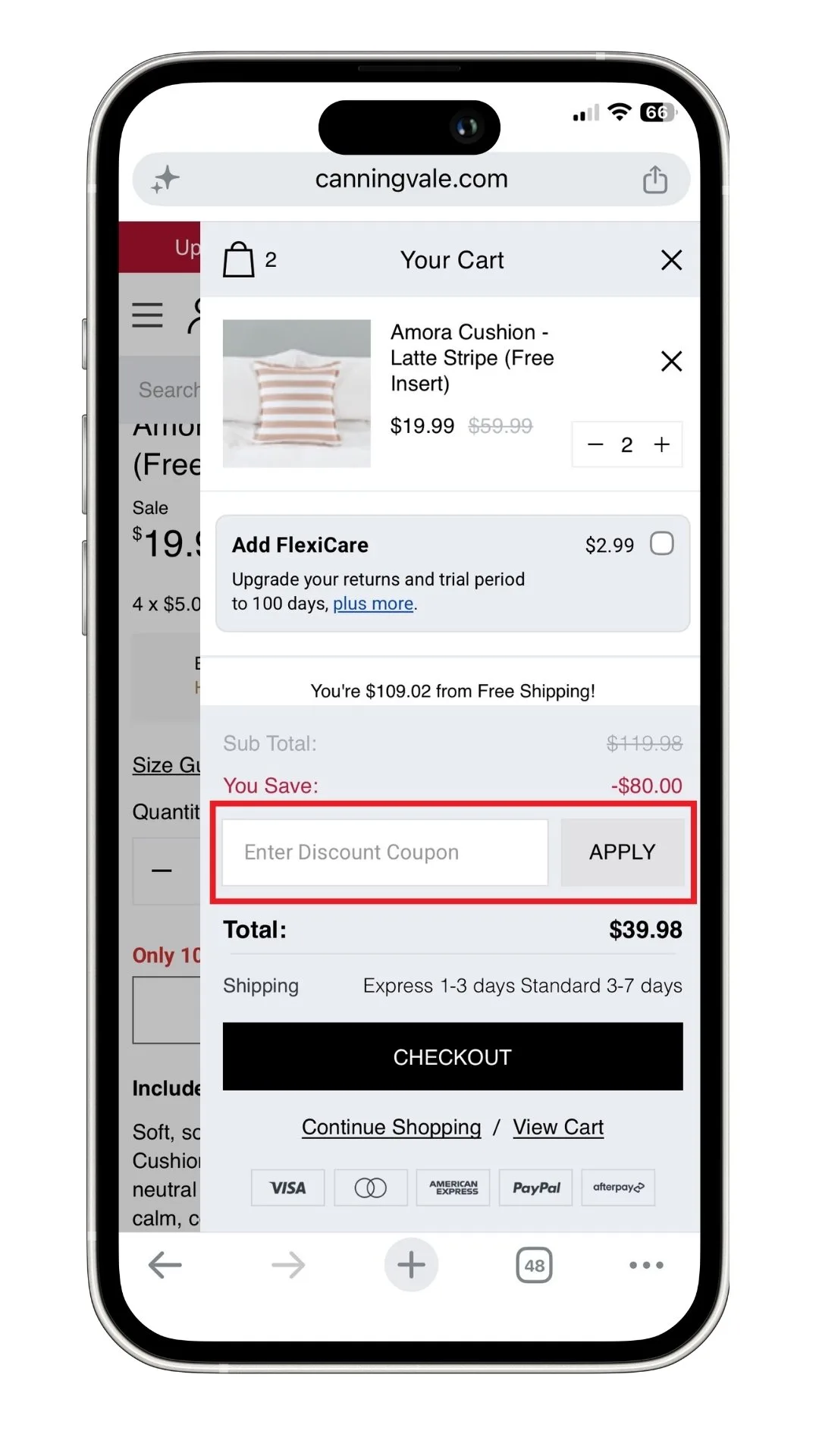 A screenshot of where to add your Canningvale discount code in your shopping page.
