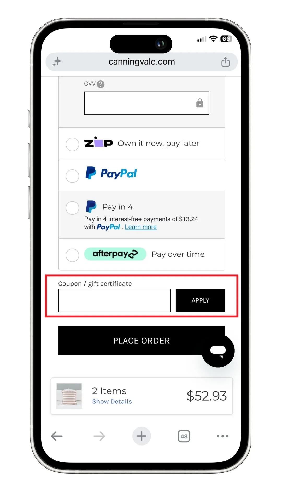 A screenshot of where to add your Canningvale discount code at the checkout.