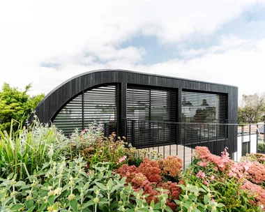 Modern black house with large windows, surrounded by a lush garden with various plants and flowers.