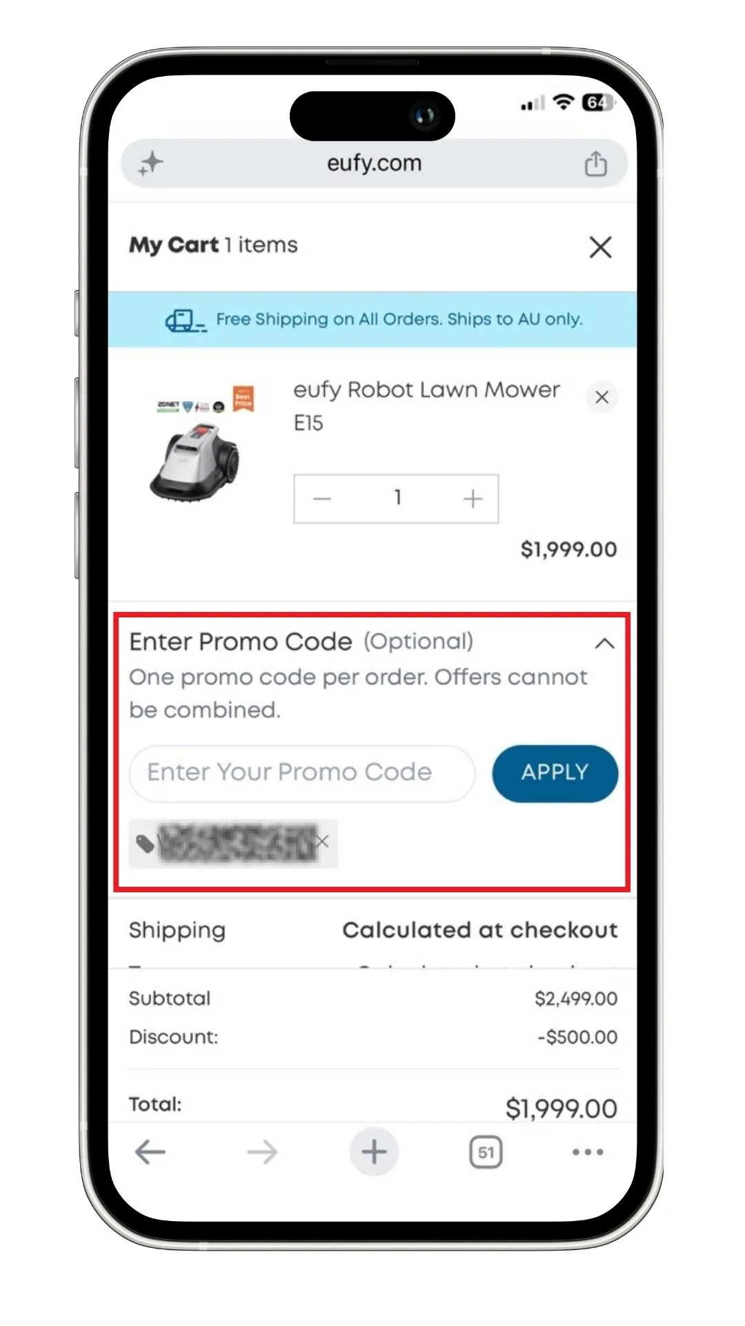 A screenshot of where to add your Eufy discount code at checkout on a mobile. 