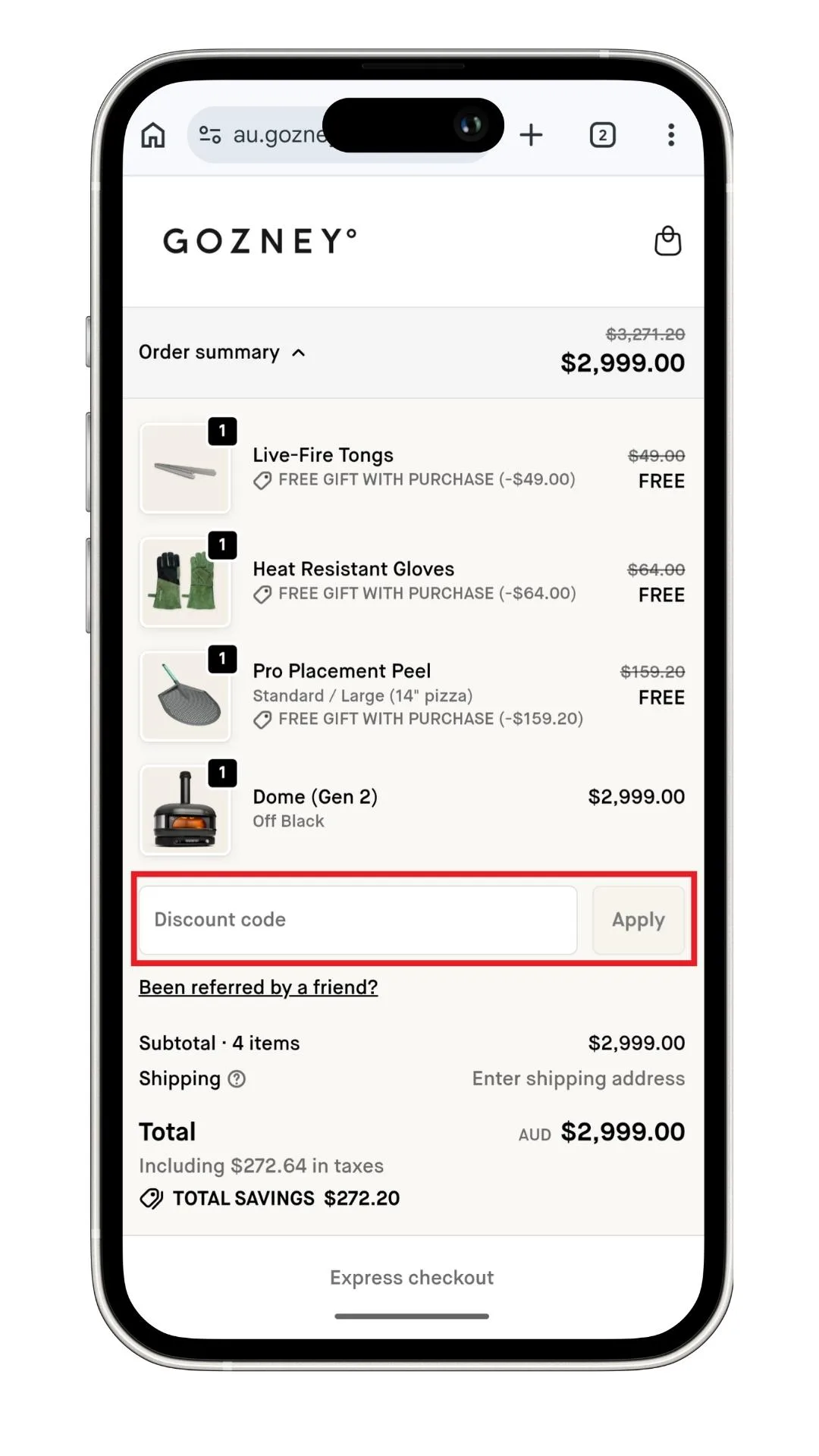 The Gozney discount code field at checkout.