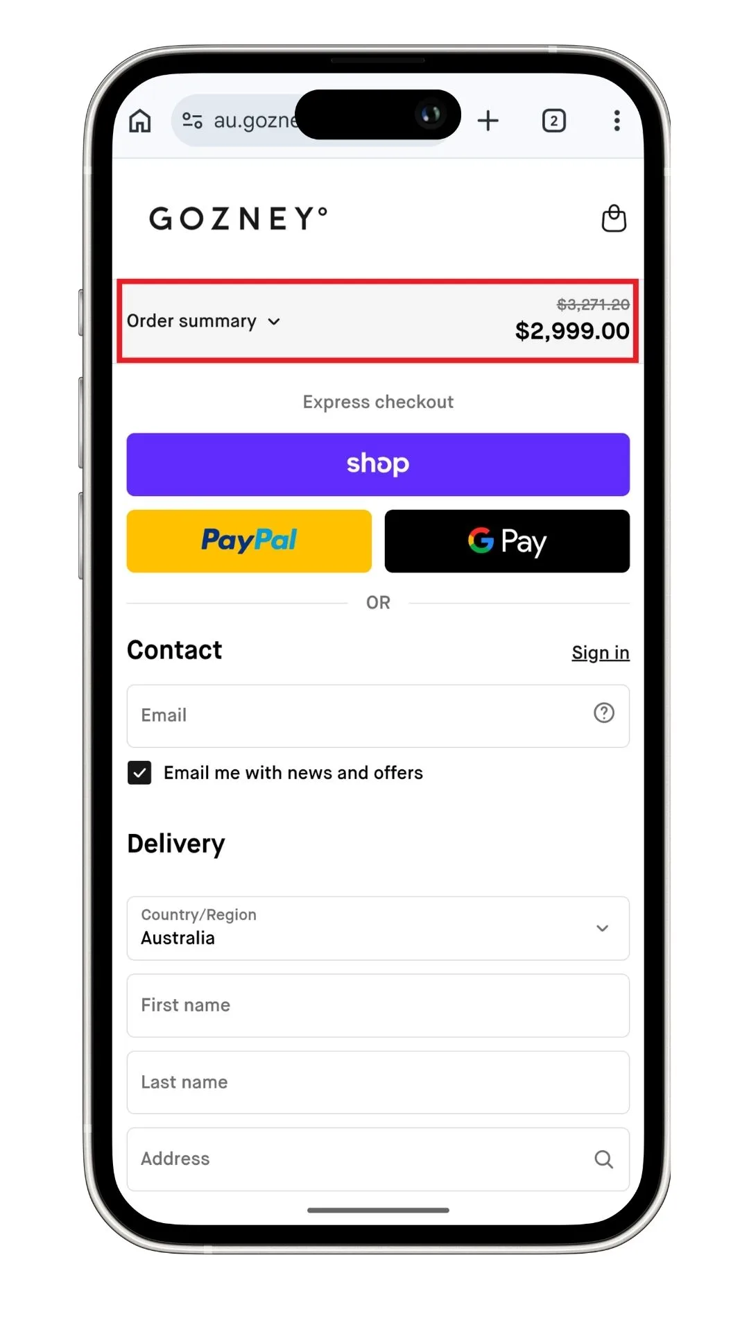 Expanding the order summary, reveals the Gozney discount code field on mobile. This screenshot shows the summary before being expanded.