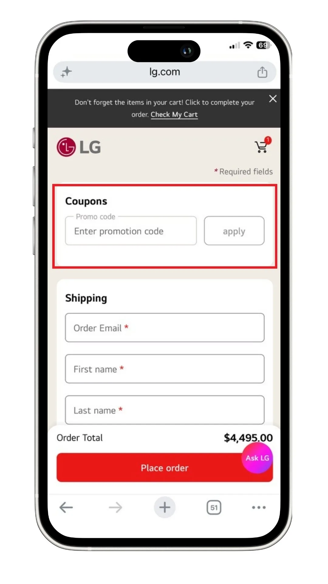 A screenshot of where to add an LG discount code at checkout on mobile. 