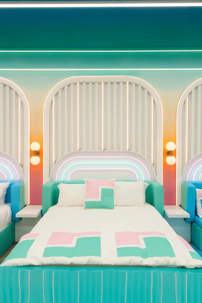 Colorful Love Island USA bedroom with pastel bedding, neon lights, and modern decor, evoking a playful and dreamy atmosphere. There are multiple beds in the space, positioned side by side.