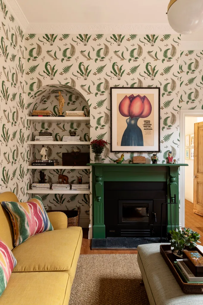 Wallpaper adds instant personality and colour to a room. Melbourne living room by Sarah McPhee of Sarah McPhee Interiors