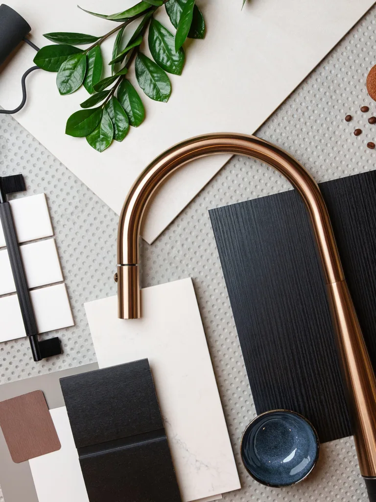 Kitchen moodboard with gooseneck mixer tap, tiles, and benchtop stone sample from Metricon Homes