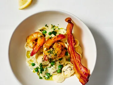 Orecchiette with pea, pancetta and prawn