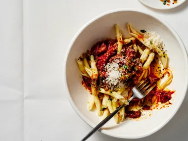 Slow-cooked lamb ragu with mint and anchovy pangratto