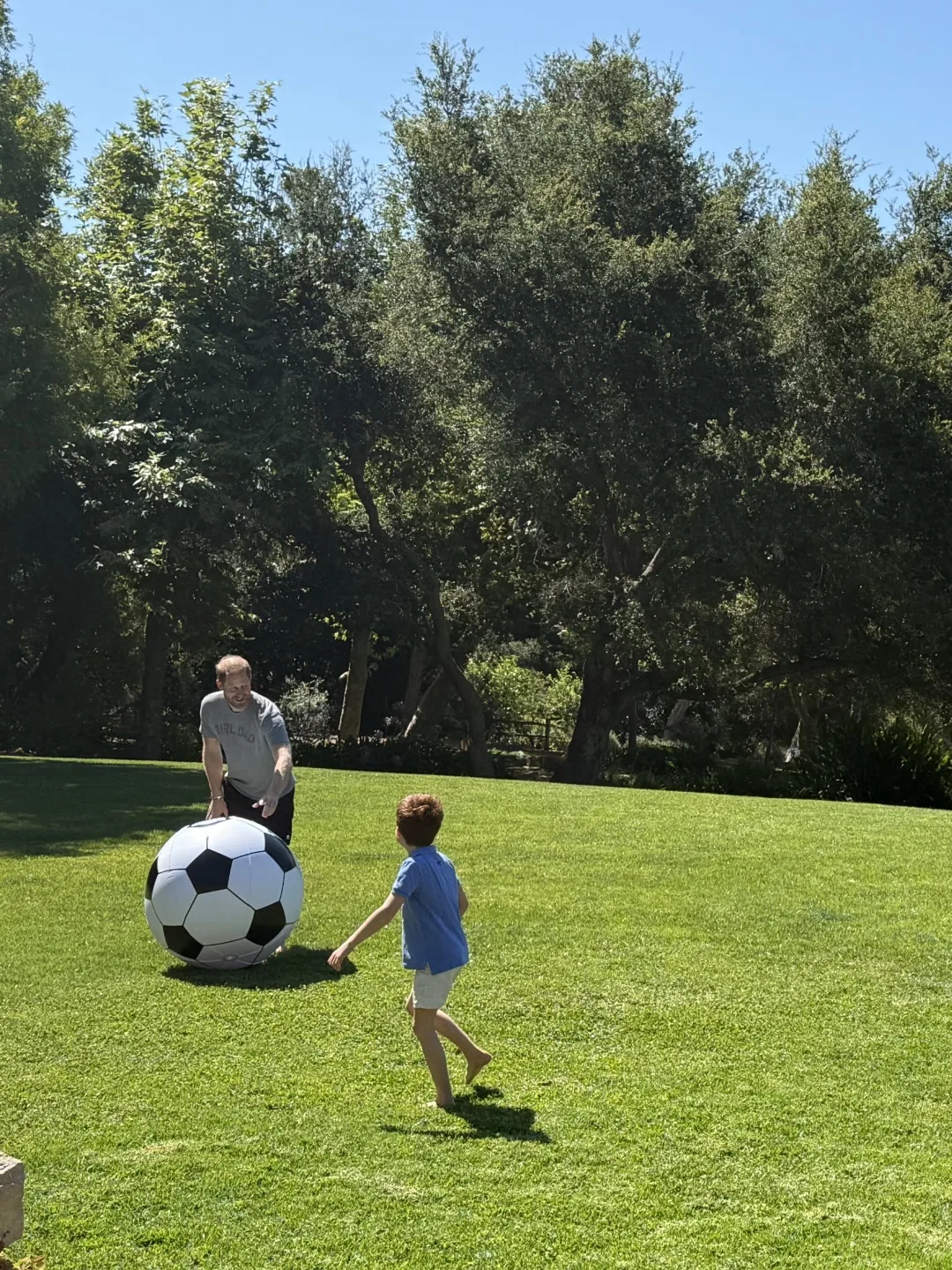 Prince Harry and Prince Archie play with a giant soccer ball on a large green lawn surrounded by trees.