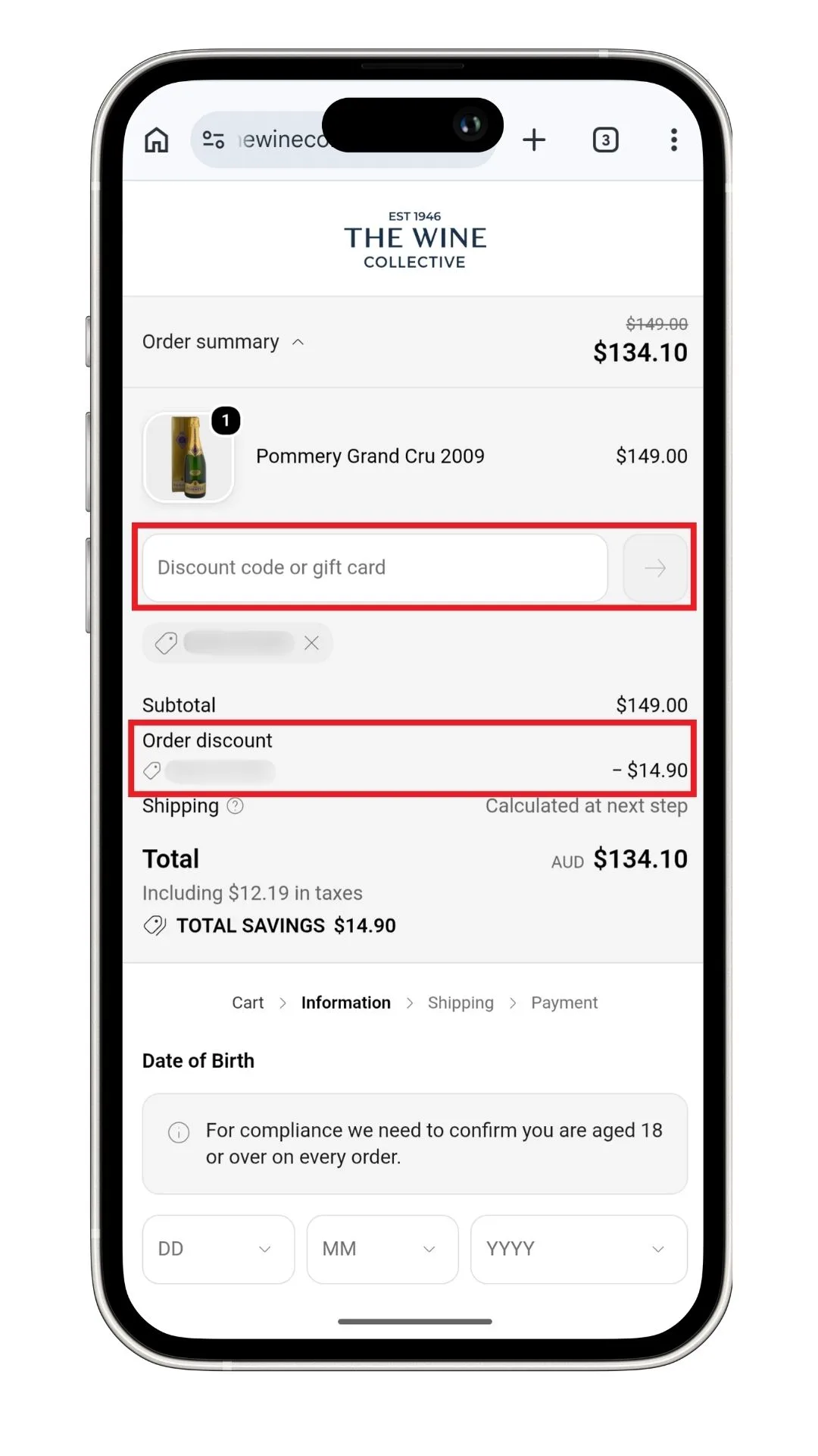 Our exclusive The Wine Collective discount code applied to a bottle of Champagne
