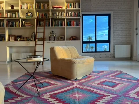 Cozy living room with a beige armchair, colorful rug, bookshelves, and a window showing a bright blue sky.