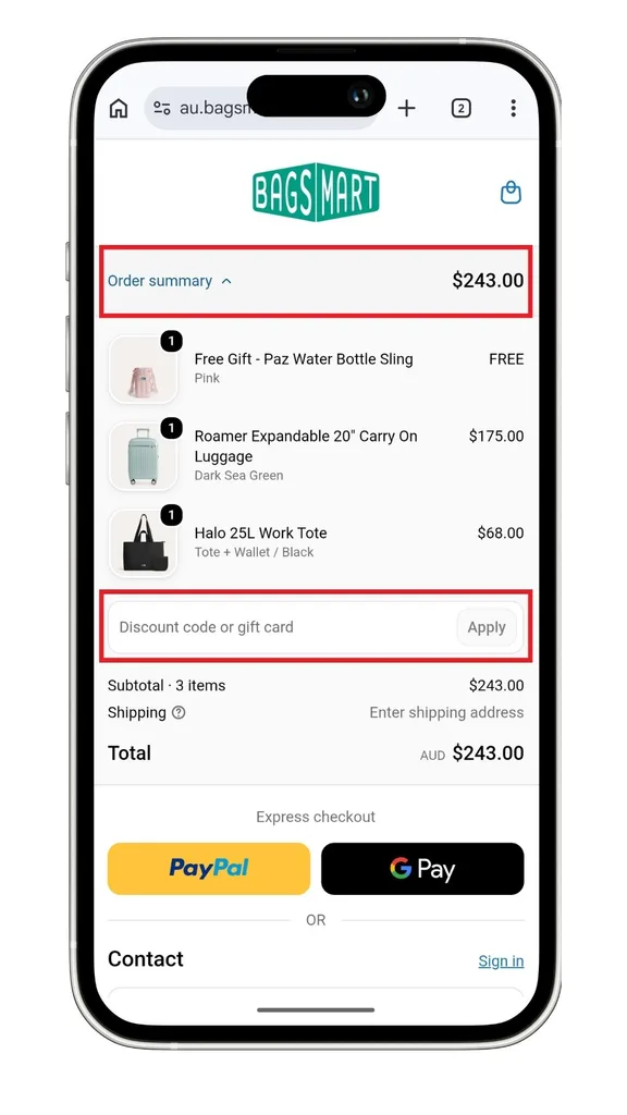 To add a Bagsmart discount code on mobile, you can click to expand the order summary, then enter the code in the field, as highlighted in this screenshot.