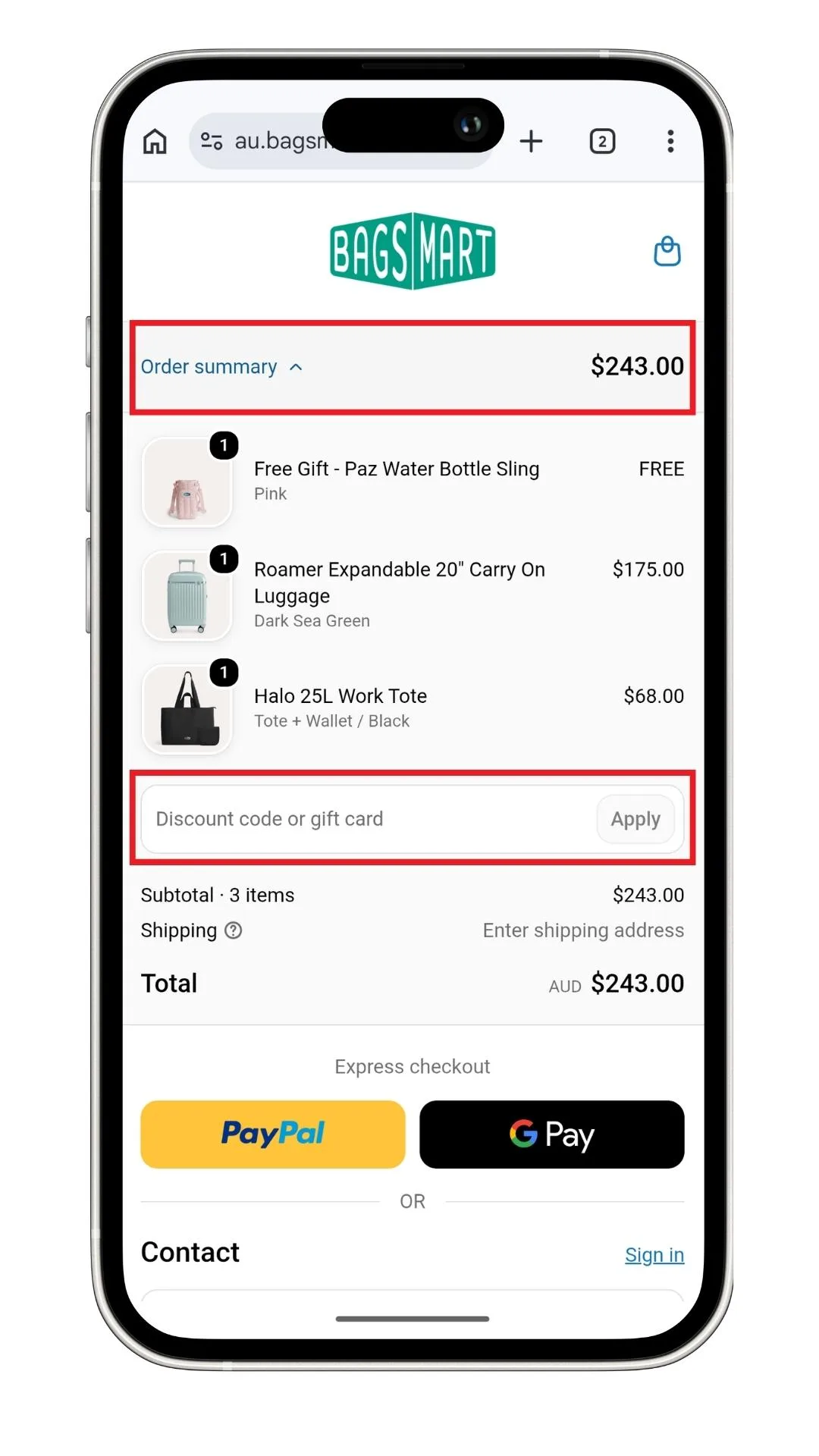 To add a Bagsmart discount code on mobile, you can click to expand the order summary, then enter the code in the field, as highlighted in this screenshot.