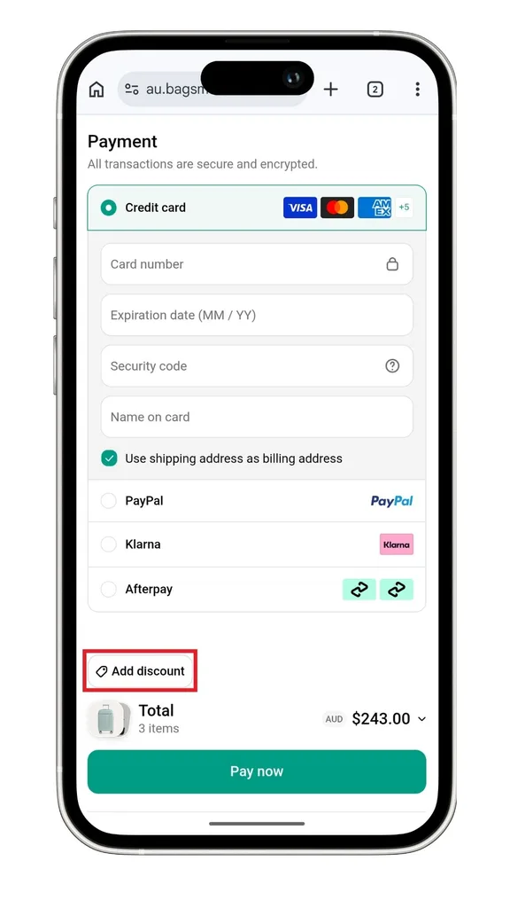 On mobile, a Bagsmart discount code can also be added just before finalising your order by clicking 'Add discount'.