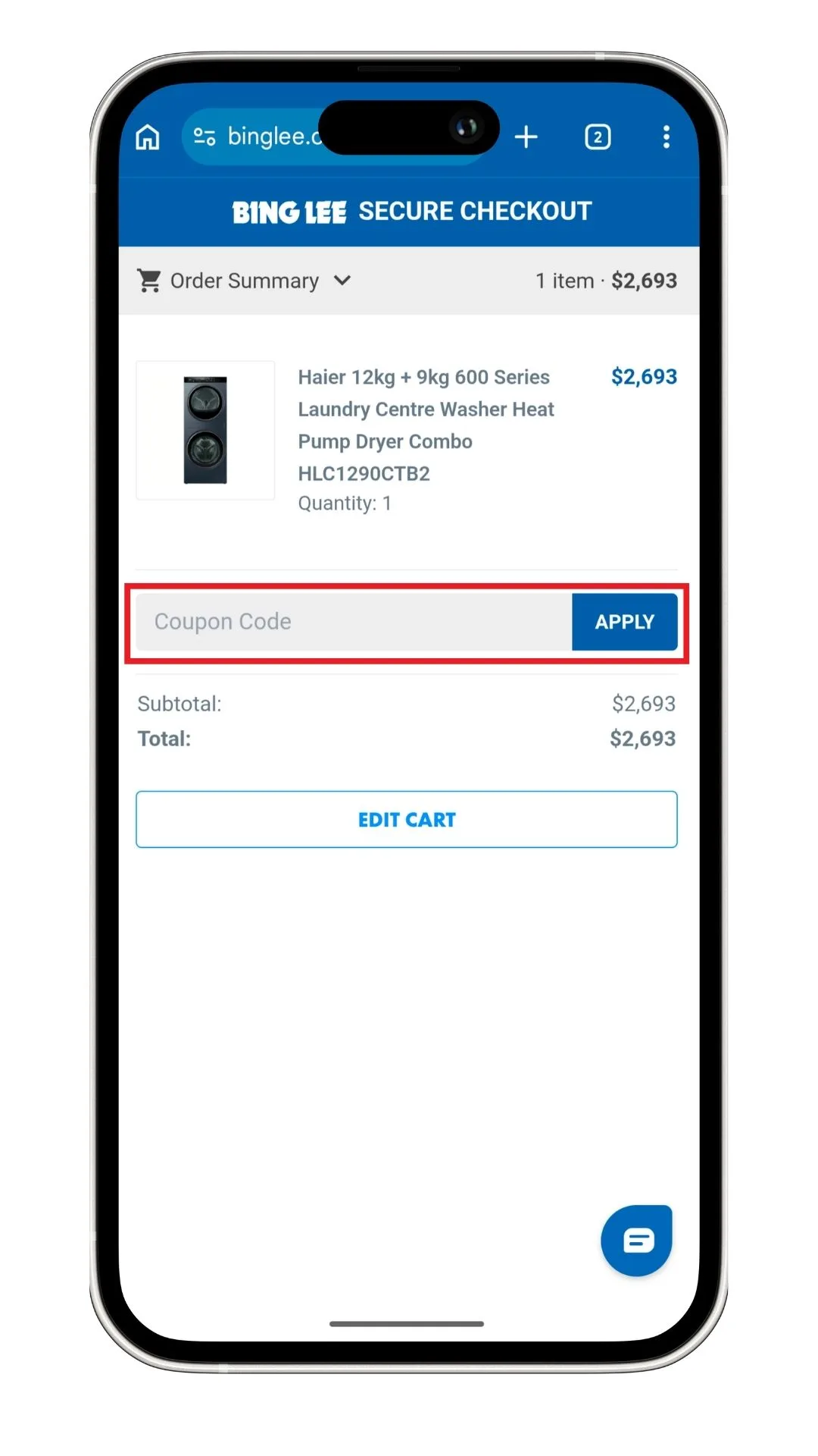 The Bing Lee discount code field on mobile at checkout.