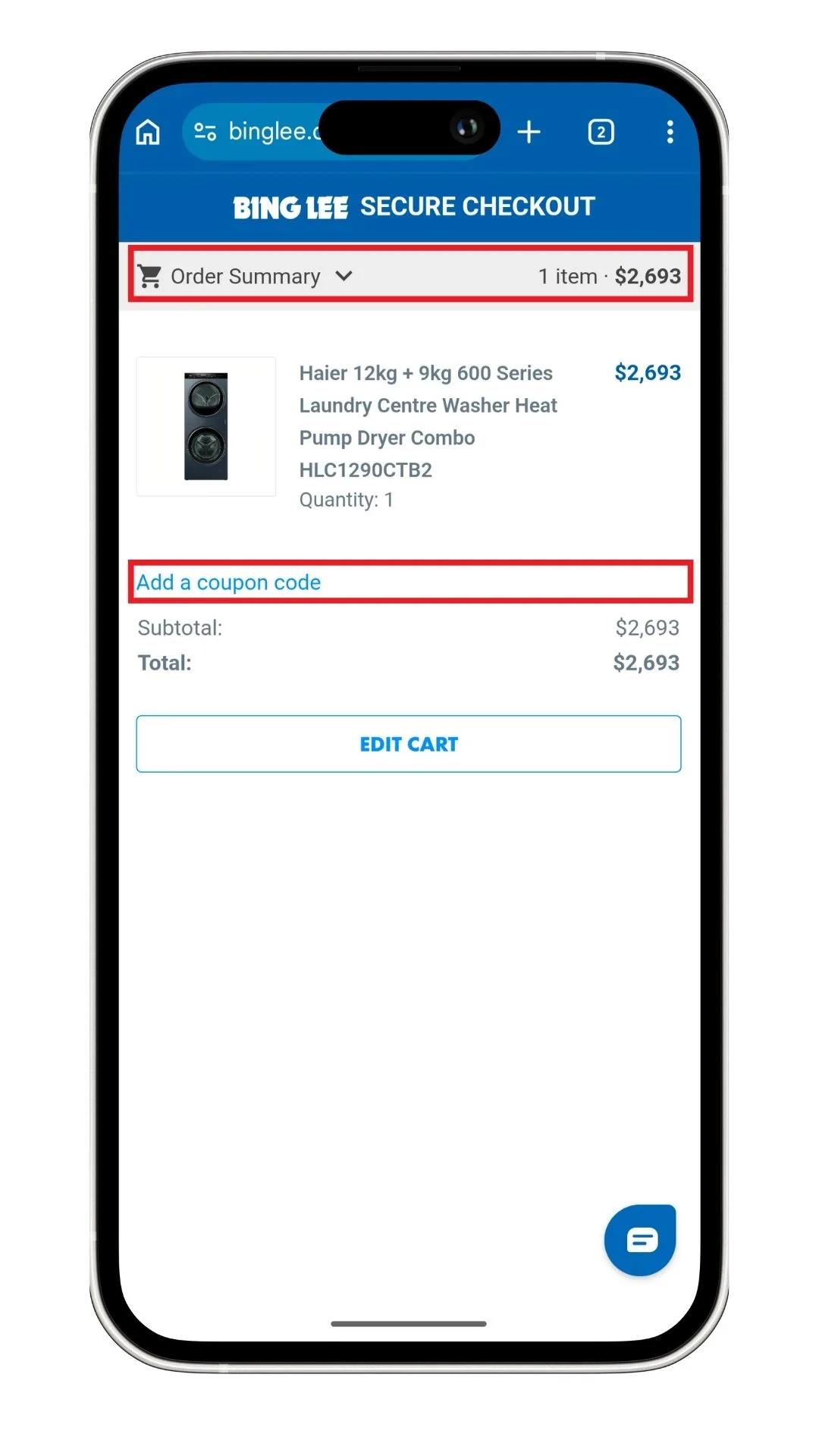 The Bing Lee discount code field on mobile is visible after expanding the order summary and selecting 'Add a coupon code', as highlighted here.