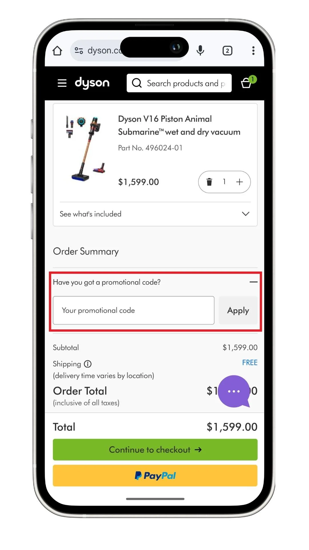 The Dyson discount code field at checkout is revealed after clicking where it says 'Have you got a promotional code?' as highlighted in this screenshot on mobile.