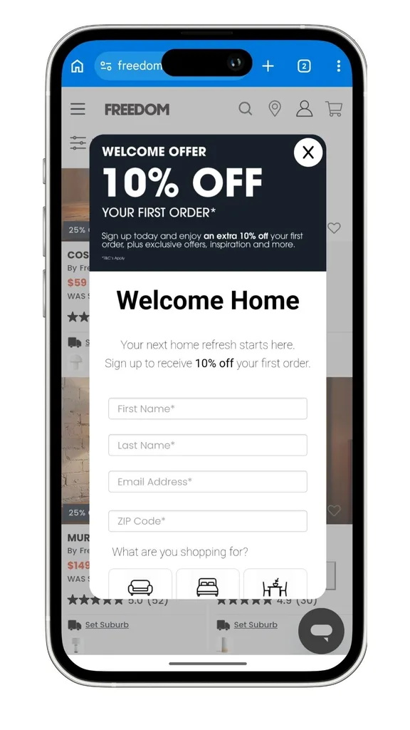 A screenshot of a Freedom discount code offer for new customers, with 10% off for subscribing.