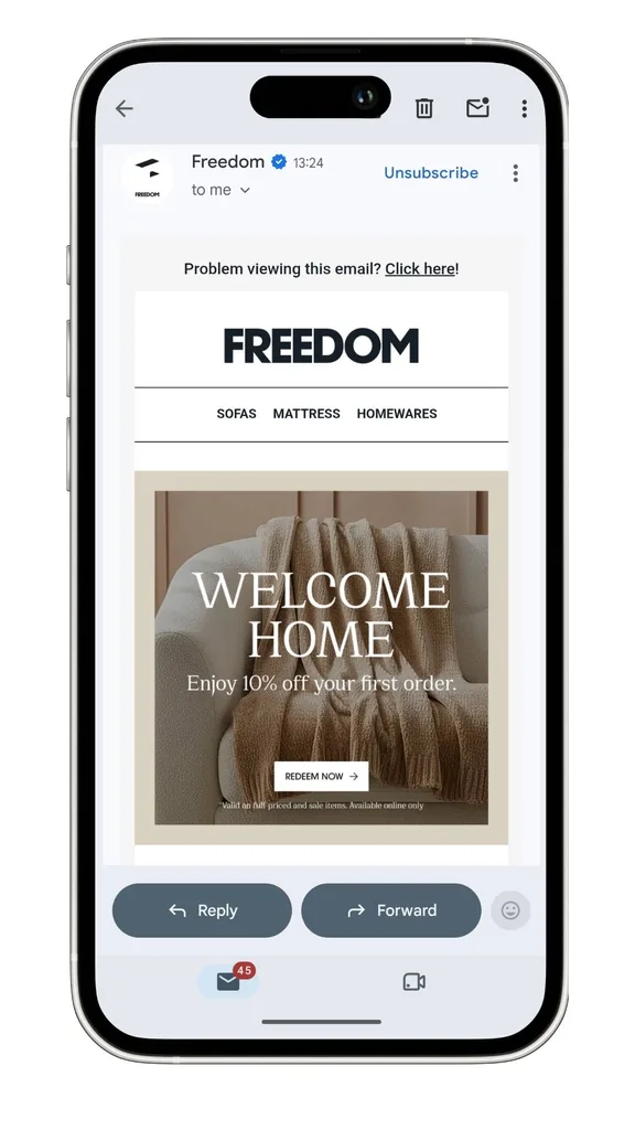 A Freedom discount code 10% welcome email offer, which is only available for select customers and at limited time.