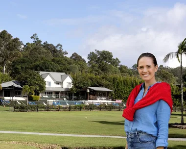 Jesinta Franklin inset with her original home in background