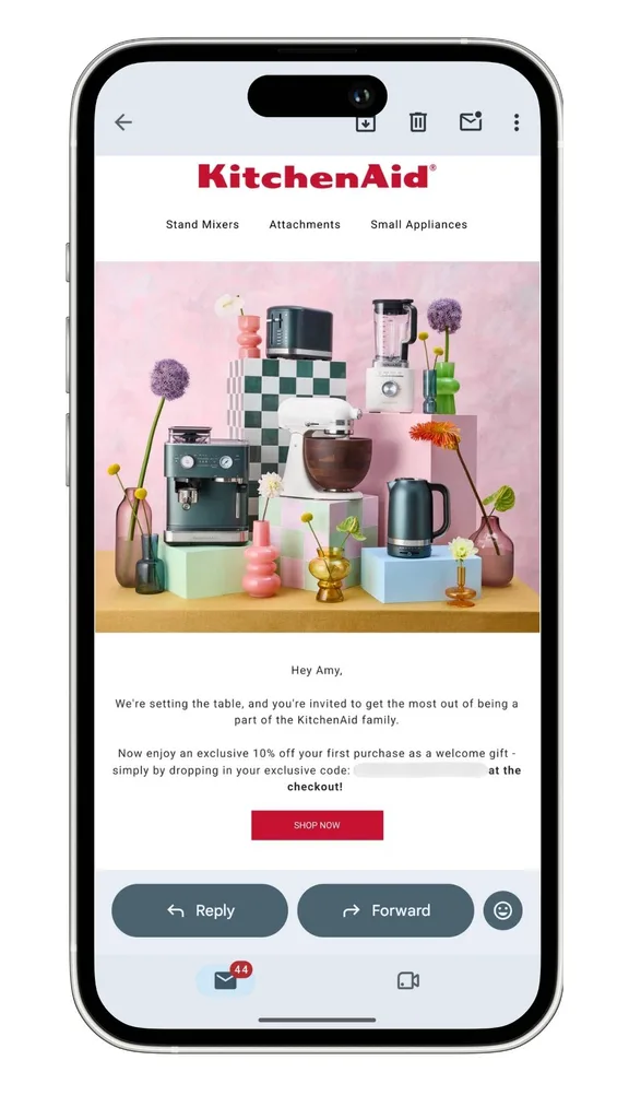 A screenshot of the KitchenAid discount code newsletter offer for new subscribers.