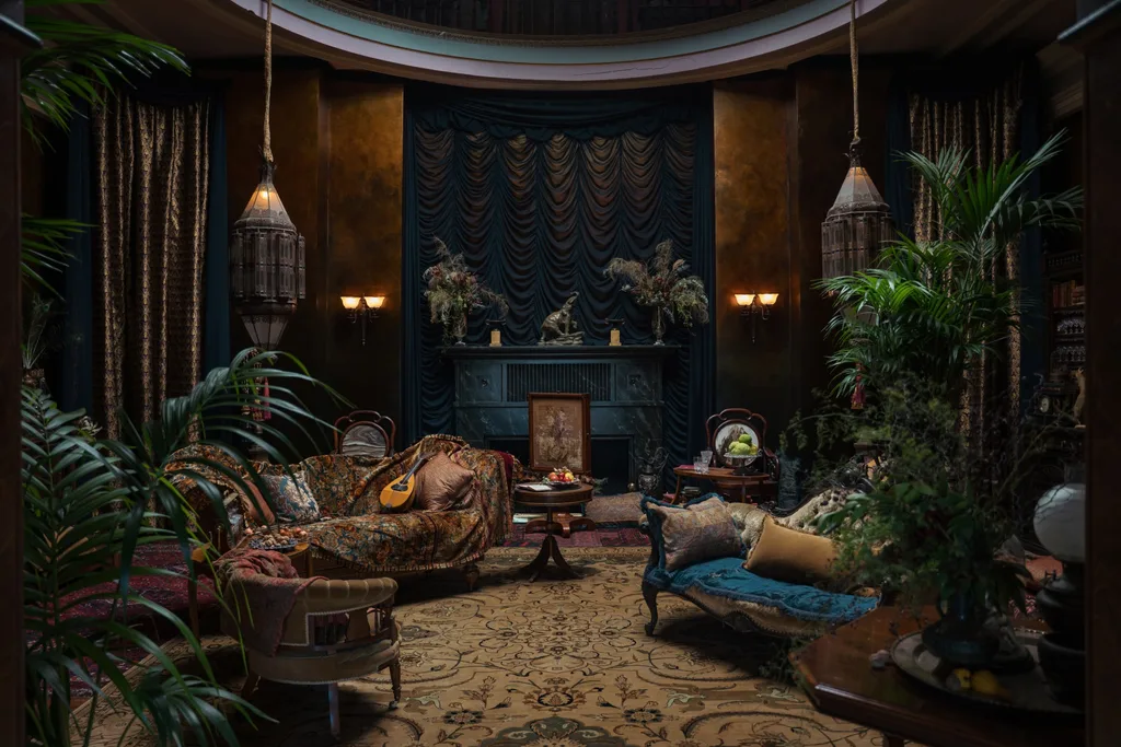 My Brilliant Career Augusta's gold parlous at Five Bob Downs with a silk blue feature wall and Kentia palms