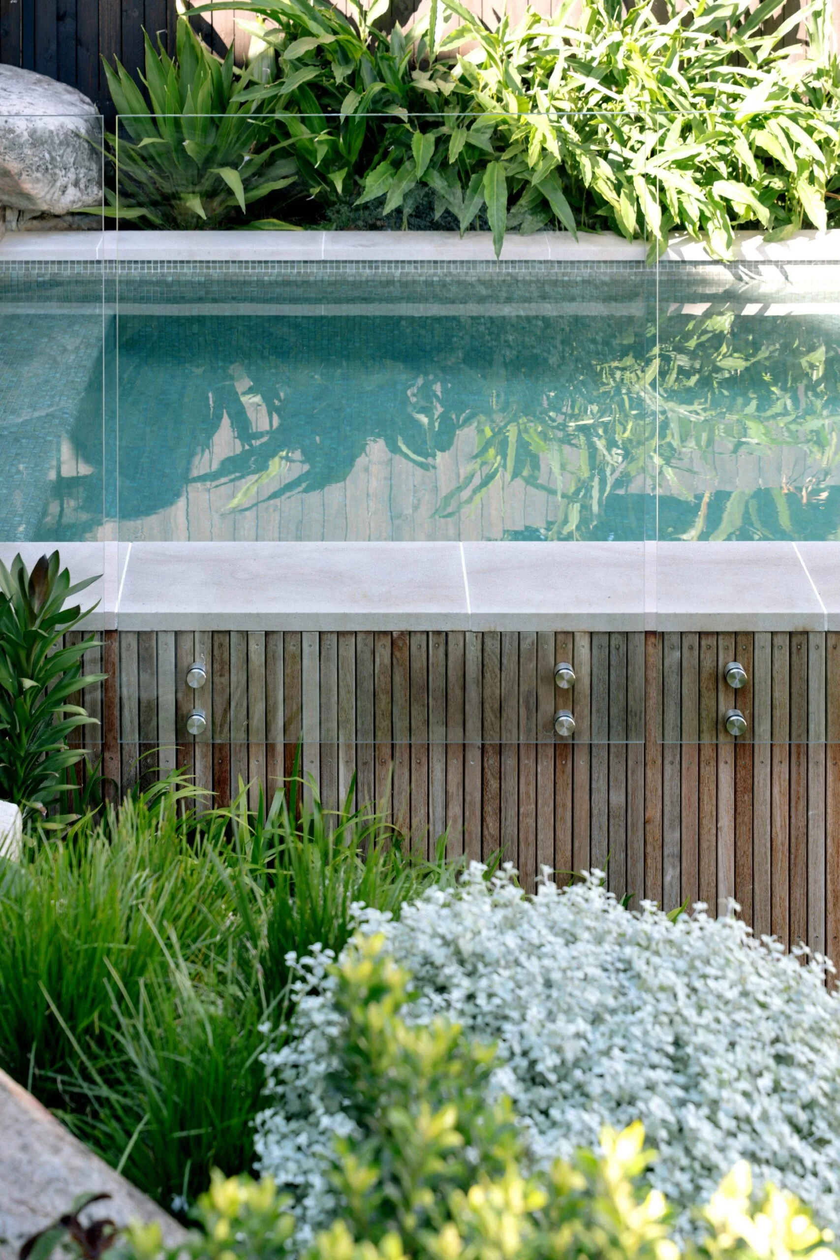 Outdoor pool with wooden deck, glass fence, lush greenery, and plants reflecting on the water surface.