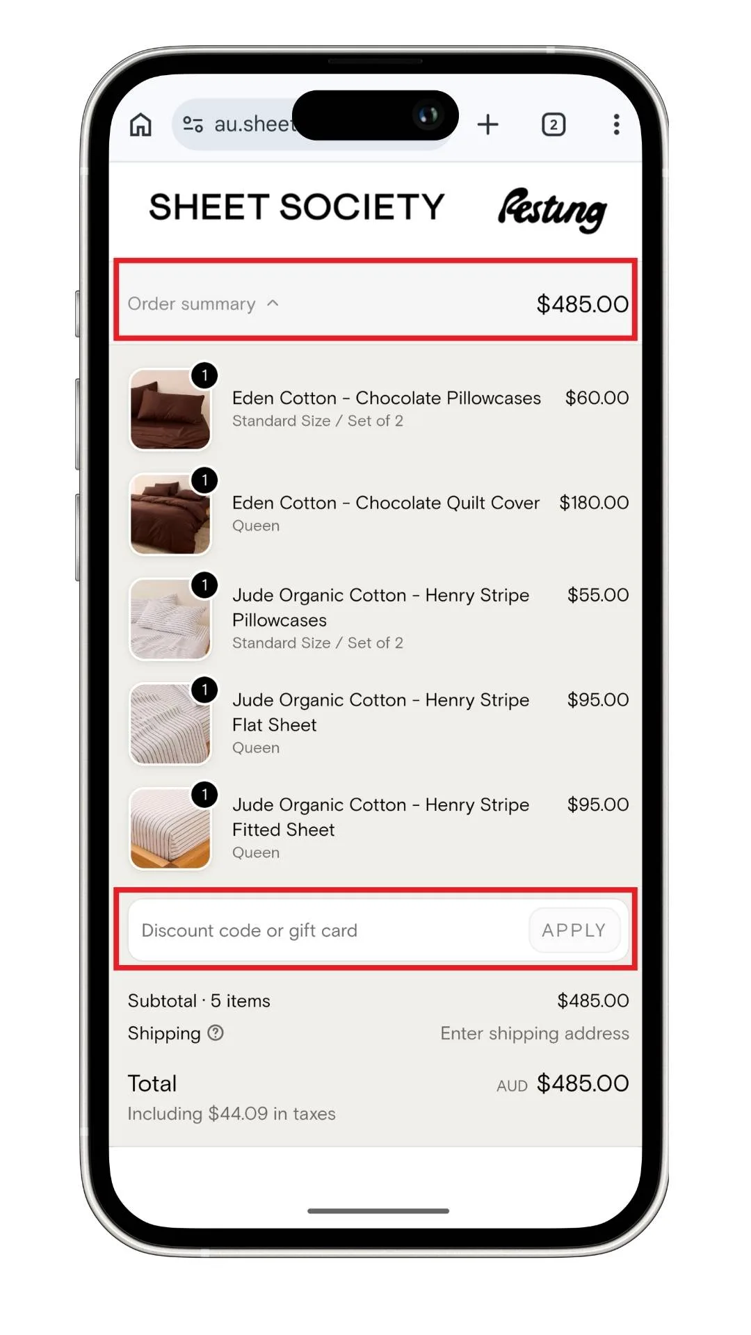The Sheet Society discount code field on mobile in the expanded order summary.