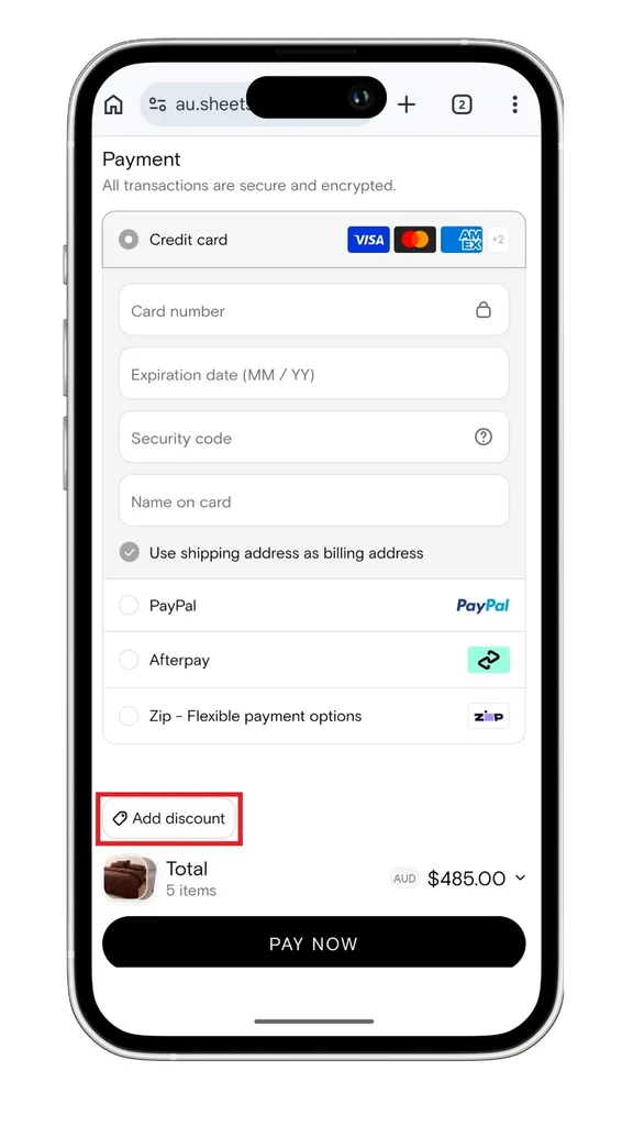 A Sheet Society discount code can be added on mobile just before the payment button, too.