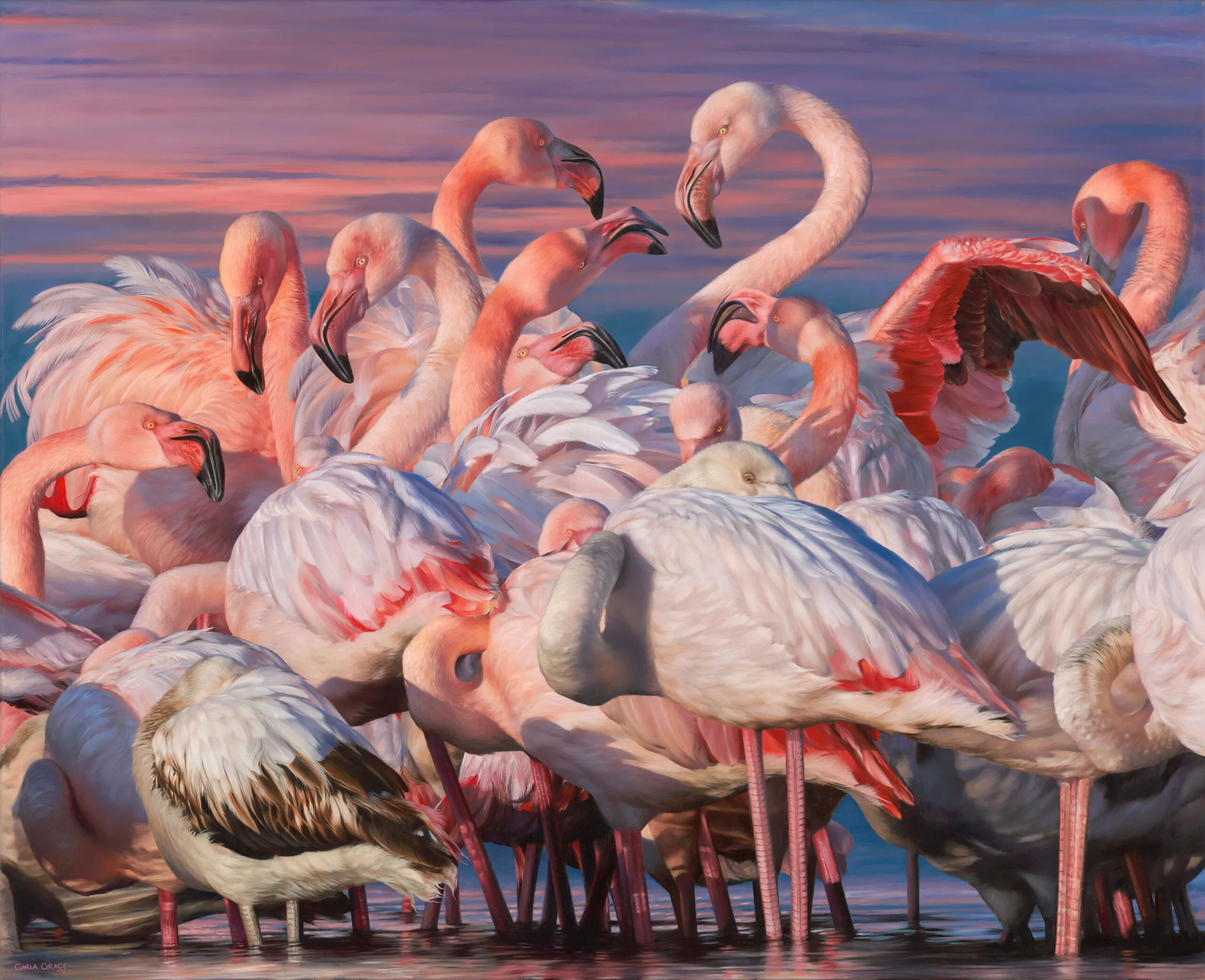 A flock of pink flamingos gathered together in shallow water under a vibrant, colorful sky.