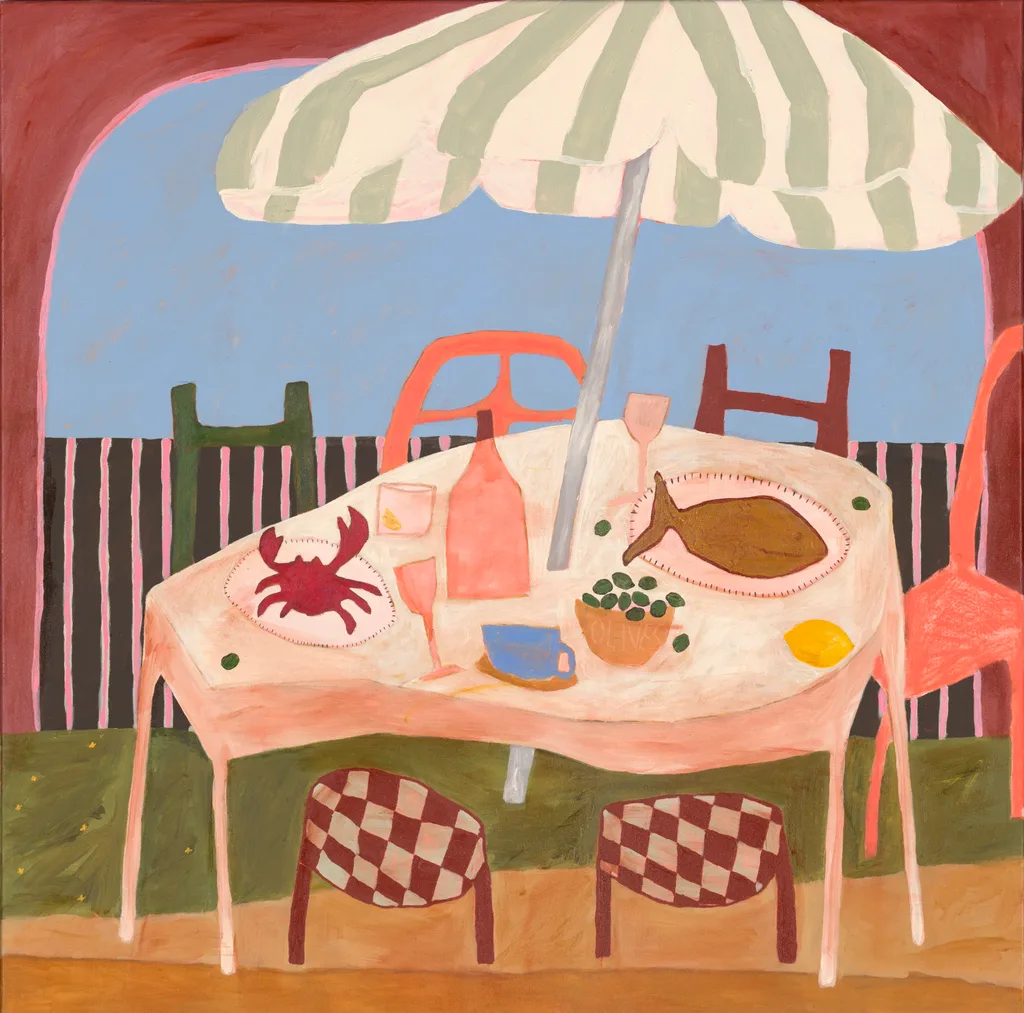 An original artwork by Leigh Vardanega depicting an outside dining table with chairs, a beach umbrella atop and plates of seafood on the table.