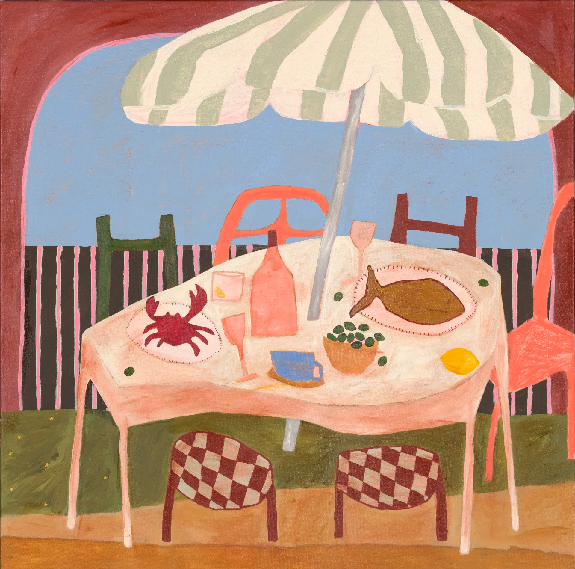 An original artwork by Leigh Vardanega depicting an outside dining table with chairs, a beach umbrella atop and plates of seafood on the table.