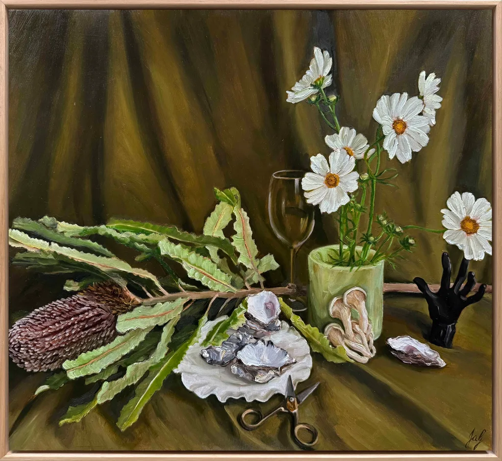 An oil on board painting depicting a still life scene. Green fabric is the backdrop, with a vase of flowers, oysters, oyster mushrooms and small scissors positioned nearby.