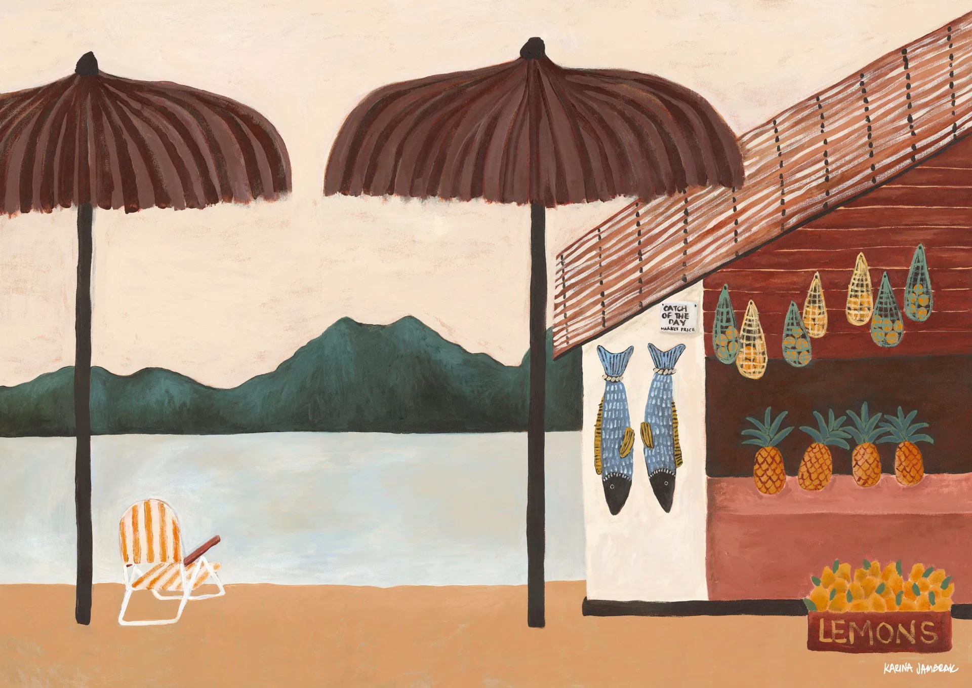 An acrylic painting depicting a beachside scene with mountains in the distance, water near sand, two beach umbrellas and a stall selling fish and lemons.