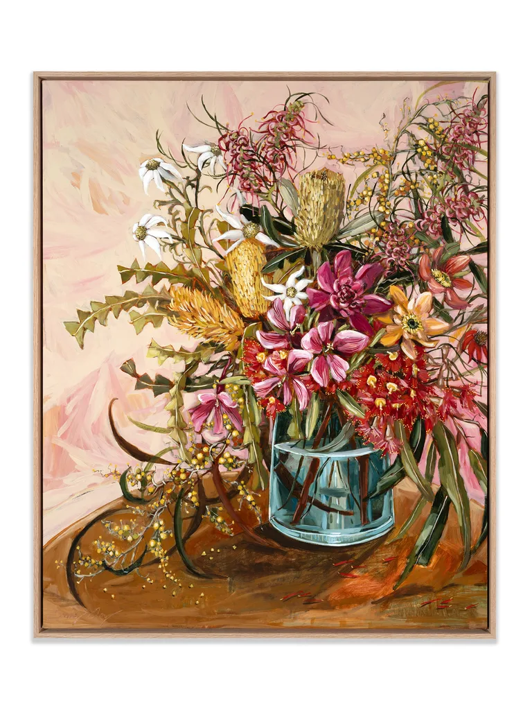 An acrylic painting on polycotton canvas depicting a still life scene of a blue vase filled with native Australian flowers.