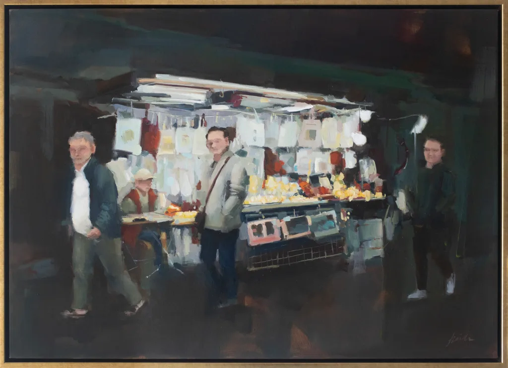 An oil painting by Heidi Lai depicting a scene of people at night, in a market setting.