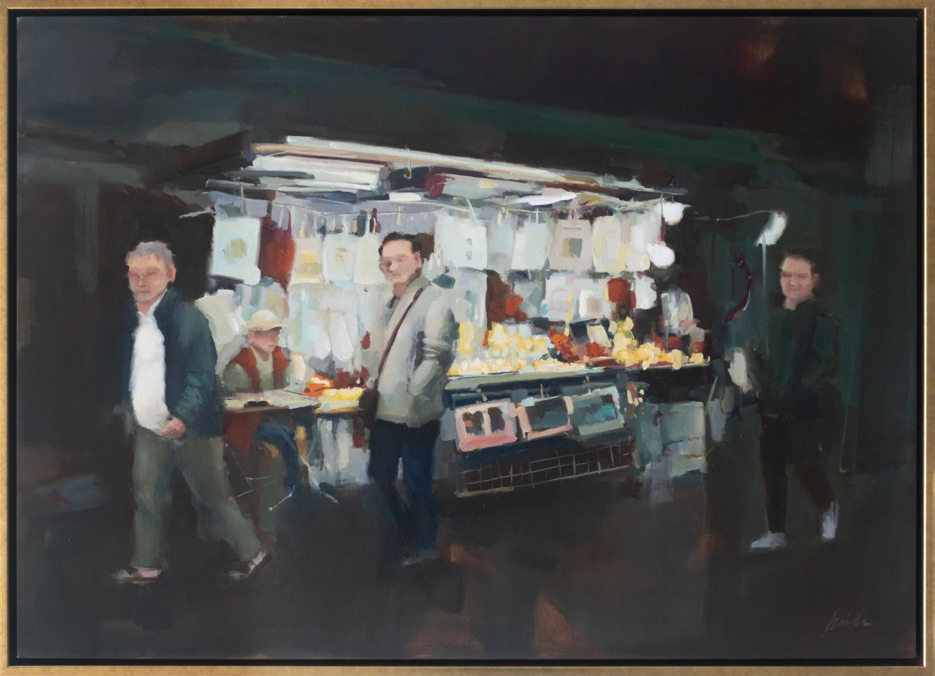 An oil painting by Heidi Lai depicting a scene of people at night, in a market setting.