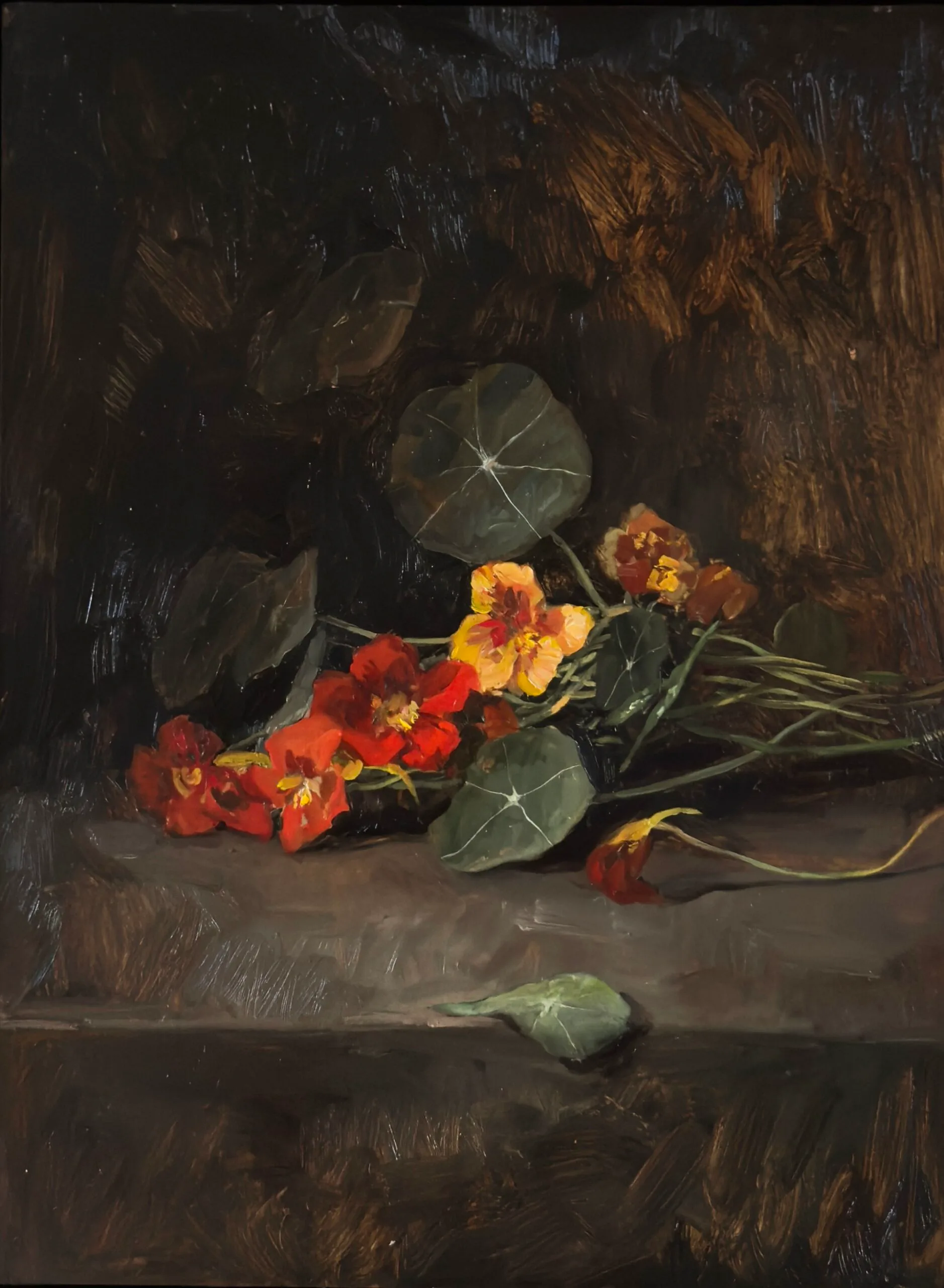 Oil painting by Alice Laura Palmer depicting a still life scene of red and orange flowers and greenery against a dark background.