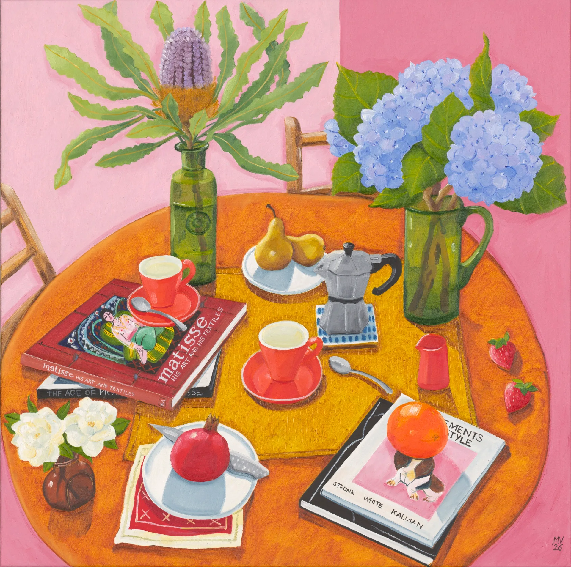 Oil on canvas painting by Melanie Vugich. It depicts a still life scene with flowers in vases, positioned on a round table, amongst books, teacups, a coffee pot and plates with fruits on them.